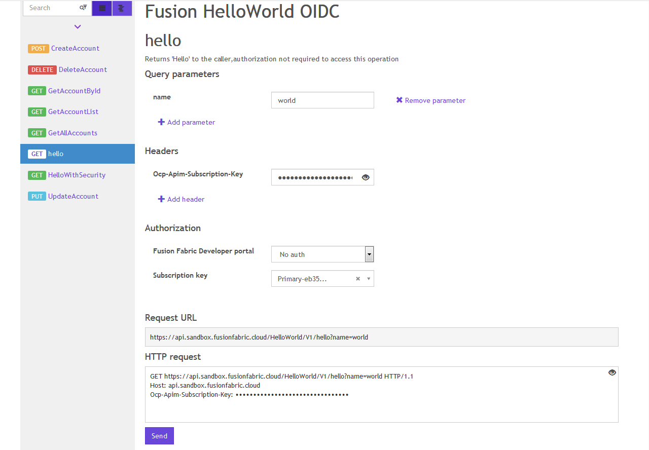 Fig. 7: The request parameters of the hello endpoint exposed by the Fusion HelloWorld OIDC API.