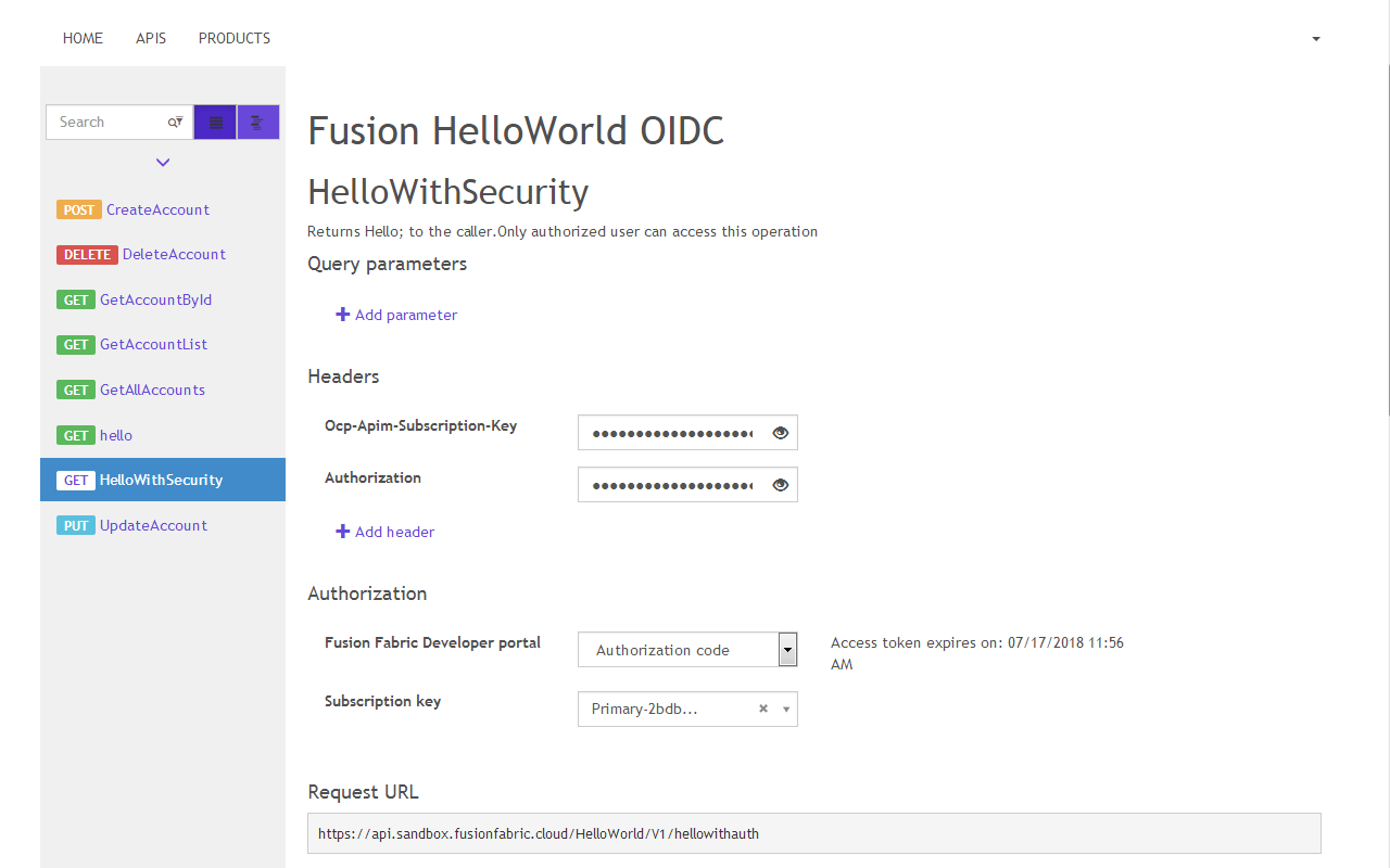 Fig. 9: The request parameters of the protected HelloWithSecurity endpoint exposed by the Fusion HelloWorld OIDC API.